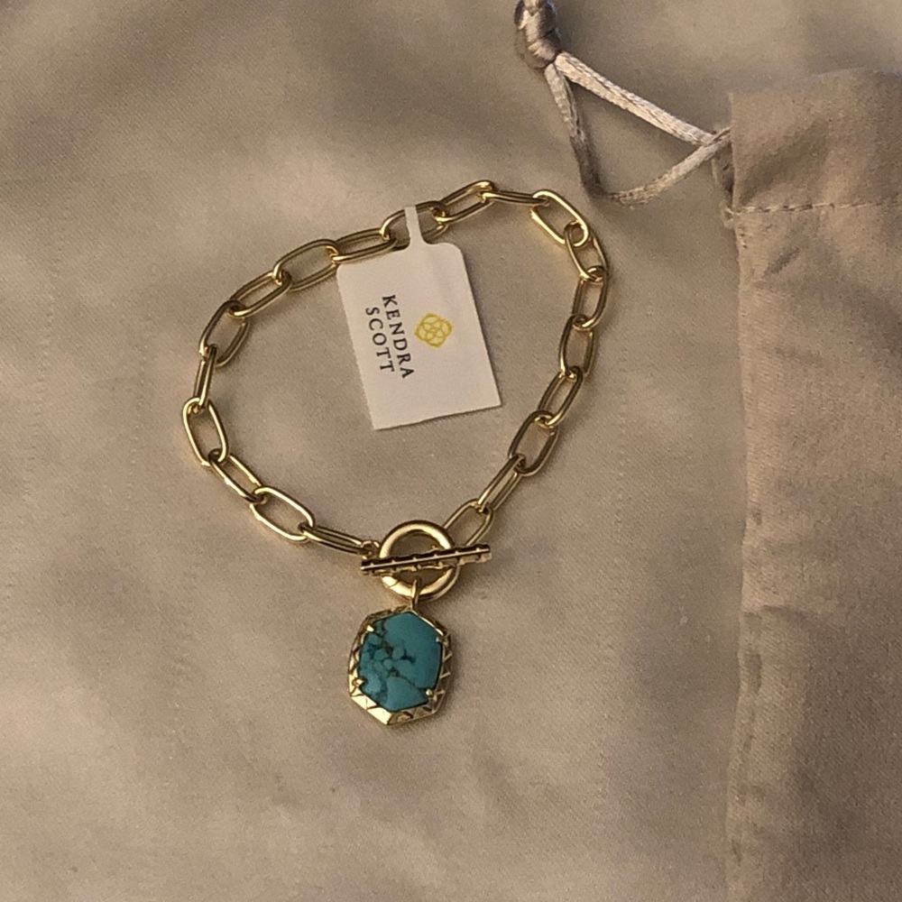 Kendra Scott Daphne Gold Tone Paper Clip Bracelet Variegated Turquoise Charm NWT - Picture 10 of 11